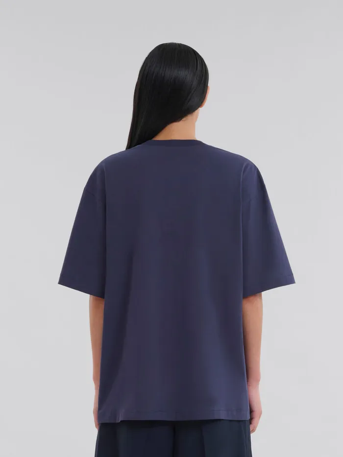 Deep Blue Organic Cotton Tshirt With Logo Women Marni Tops and TShirts
