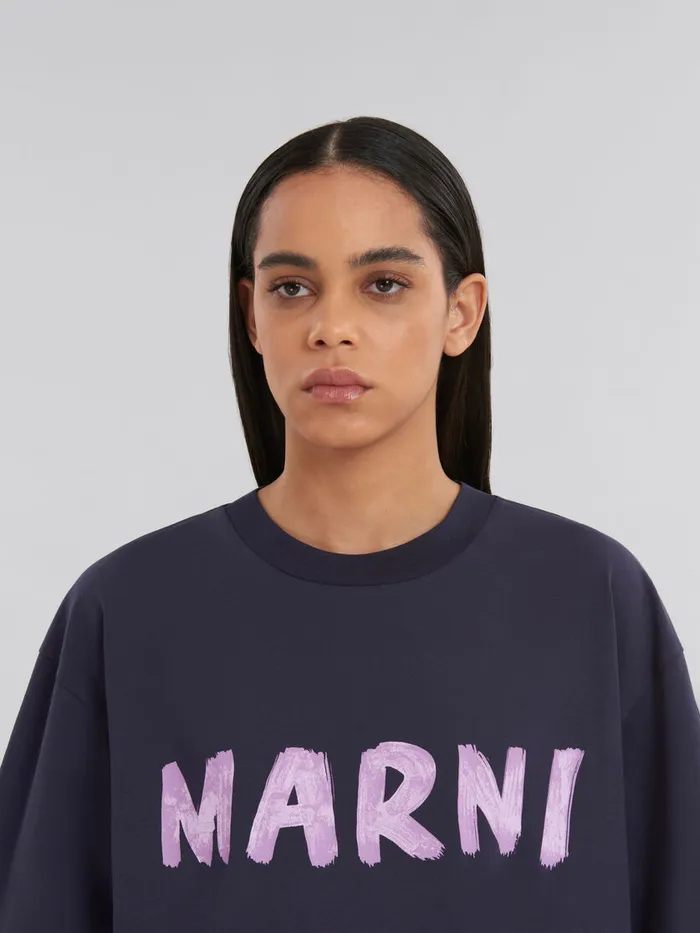 Deep Blue Organic Cotton Tshirt With Logo Women Marni Tops and TShirts