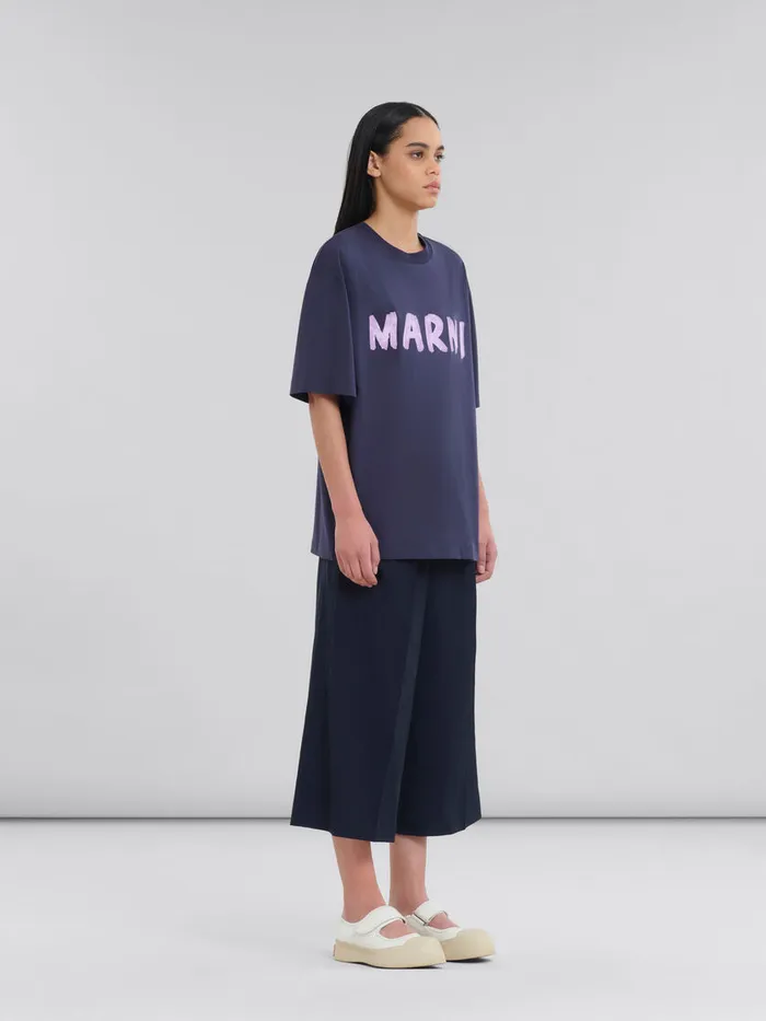 Deep Blue Organic Cotton Tshirt With Logo Women Marni Tops and TShirts