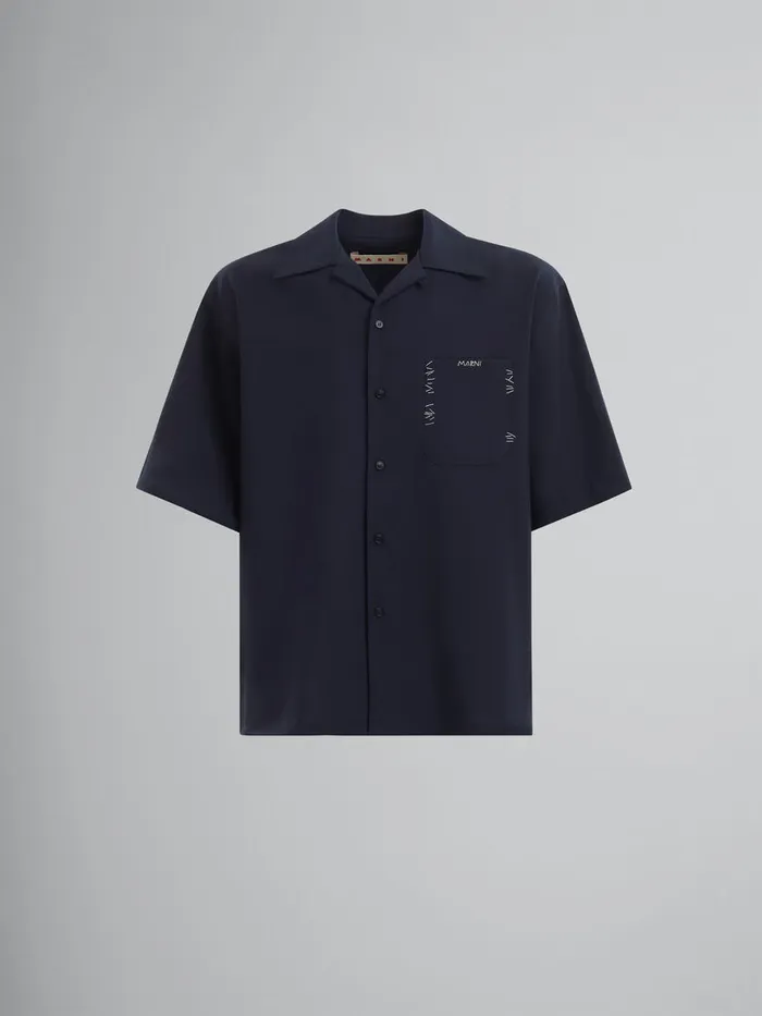 Deep Blue Tropical Wool Bowling Shirt With Marni Mending Men Marni Tops and TShirts