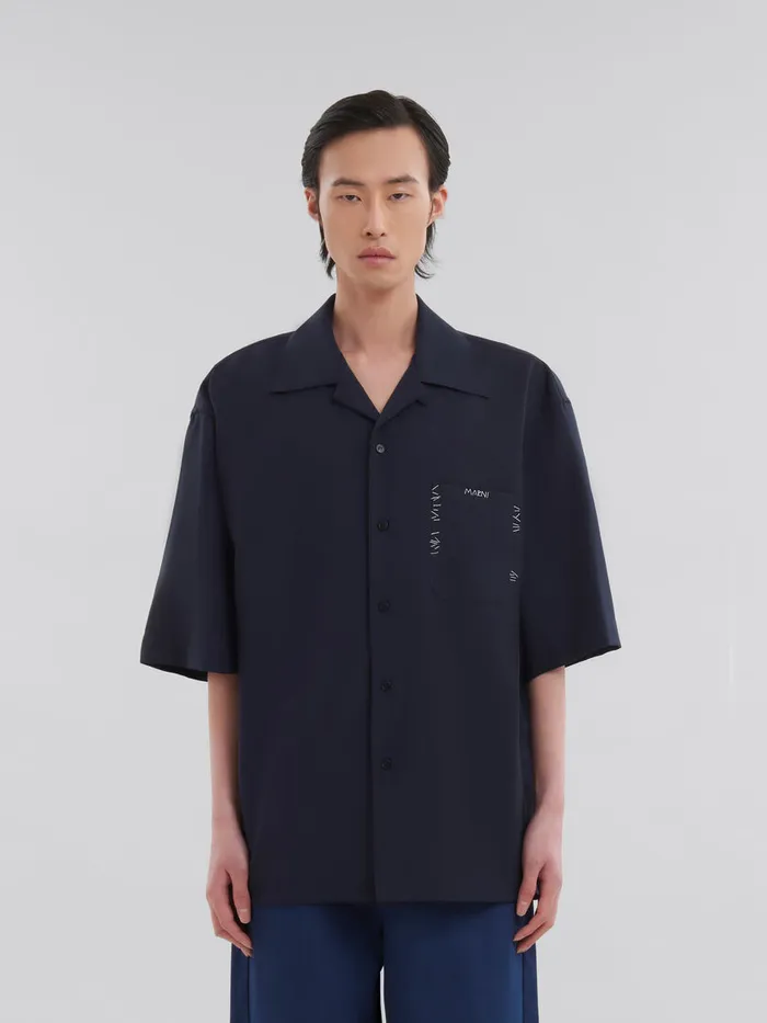 Deep Blue Tropical Wool Bowling Shirt With Marni Mending Men Marni Tops and TShirts