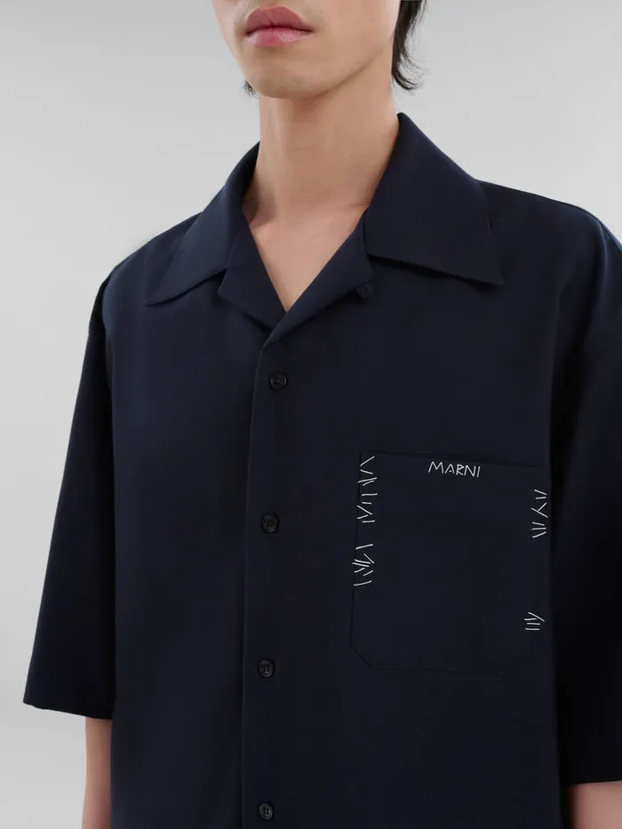 Deep Blue Tropical Wool Bowling Shirt With Marni Mending Men Marni Tops and TShirts