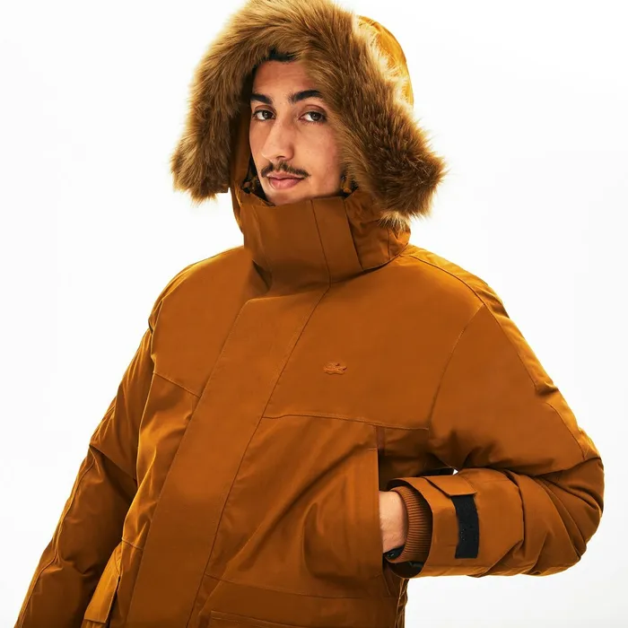 Detachable Faux Fur Hood Long Quilted Parka BrownKhaki Green Mens Lacoste Jackets and Coats Popular Detachable Faux Fur Hood Long Quilted Parka BrownKhaki Green Mens Lacoste Jackets and Coats Popular
