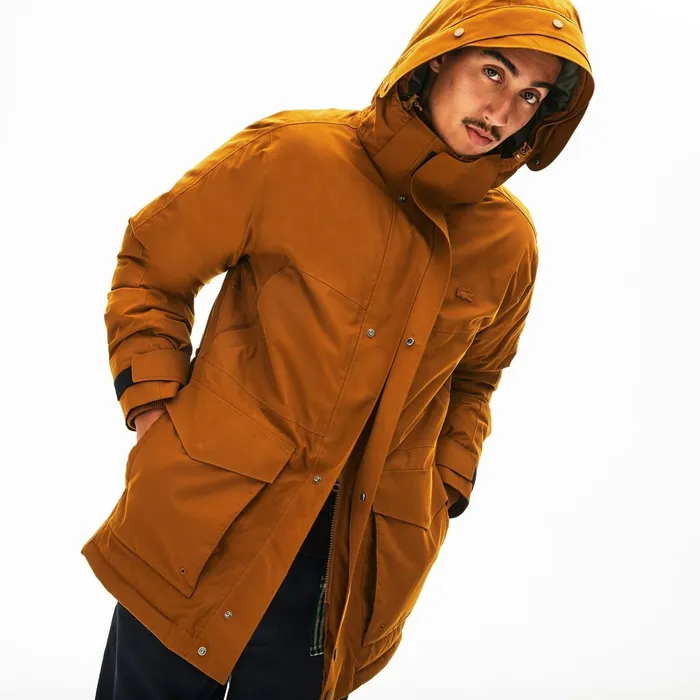 Detachable Faux Fur Hood Long Quilted Parka BrownKhaki Green Mens Lacoste Jackets and Coats Popular