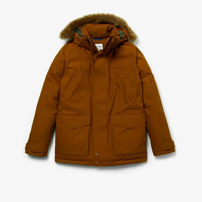 Detachable Faux Fur Hood Long Quilted Parka BrownKhaki Green Mens Lacoste Jackets and Coats Popular