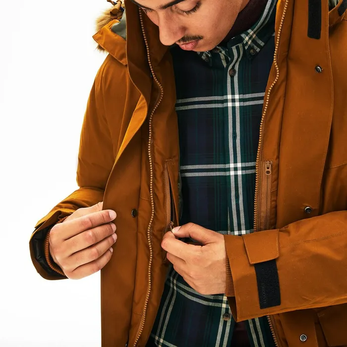Detachable Faux Fur Hood Long Quilted Parka BrownKhaki Green Mens Lacoste Jackets and Coats Popular
