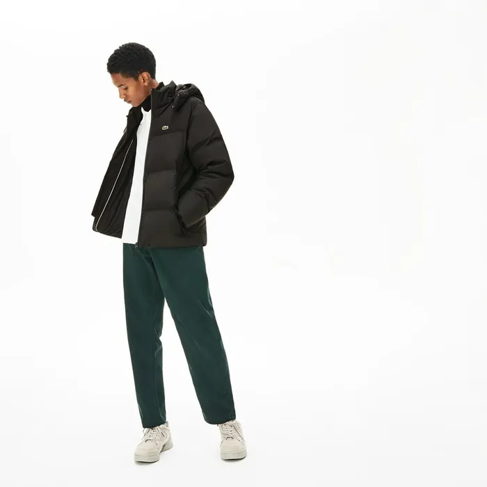 Detachable Hood Quilted WaterResistant Taffeta Jacket Black Mens Lacoste Jackets and Coats Store