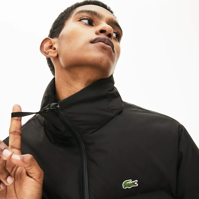 Detachable Hood Quilted WaterResistant Taffeta Jacket Black Mens Lacoste Jackets and Coats Store