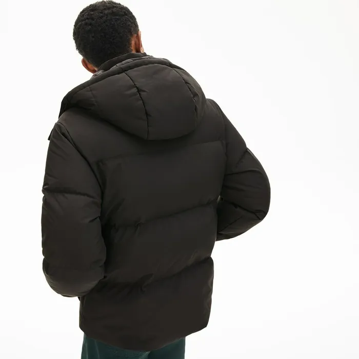 Detachable Hood Quilted WaterResistant Taffeta Jacket Black Mens Lacoste Jackets and Coats Store