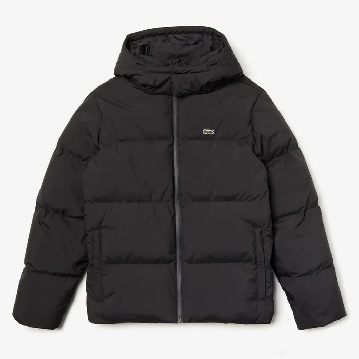 Detachable Hood Quilted WaterResistant Taffeta Jacket Black Mens Lacoste Jackets and Coats Store