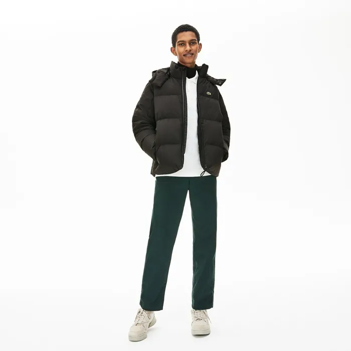 Detachable Hood Quilted WaterResistant Taffeta Jacket Black Mens Lacoste Jackets and Coats Store
