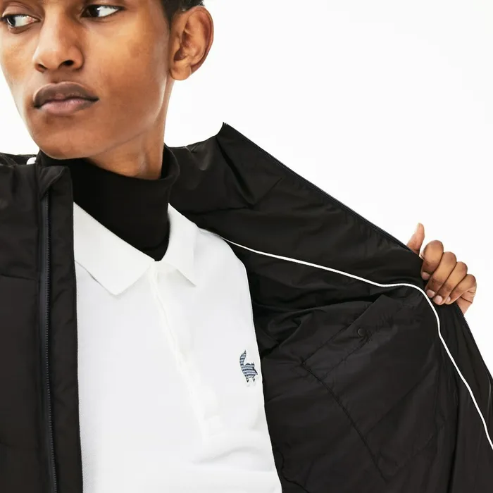 Detachable Hood Quilted WaterResistant Taffeta Jacket Black Mens Lacoste Jackets and Coats Store