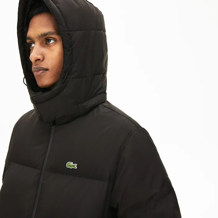 Detachable Hood Quilted WaterResistant Taffeta Jacket Black Mens Lacoste Jackets and Coats Store