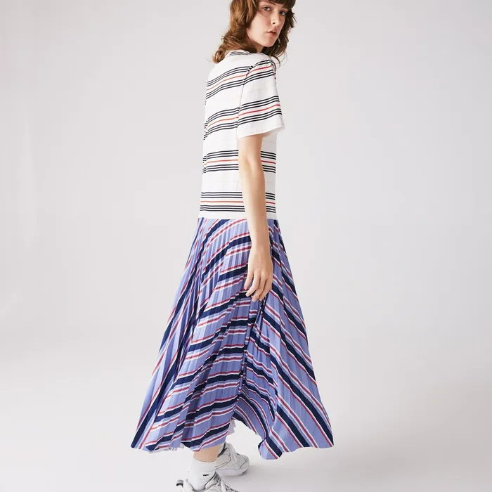 Dissimilar Striped Pleated Jersey Tshirt Dress PurpleNavy BlueWhiteRedLight Pink Womens Lacoste Dresses and Skirts Near Me