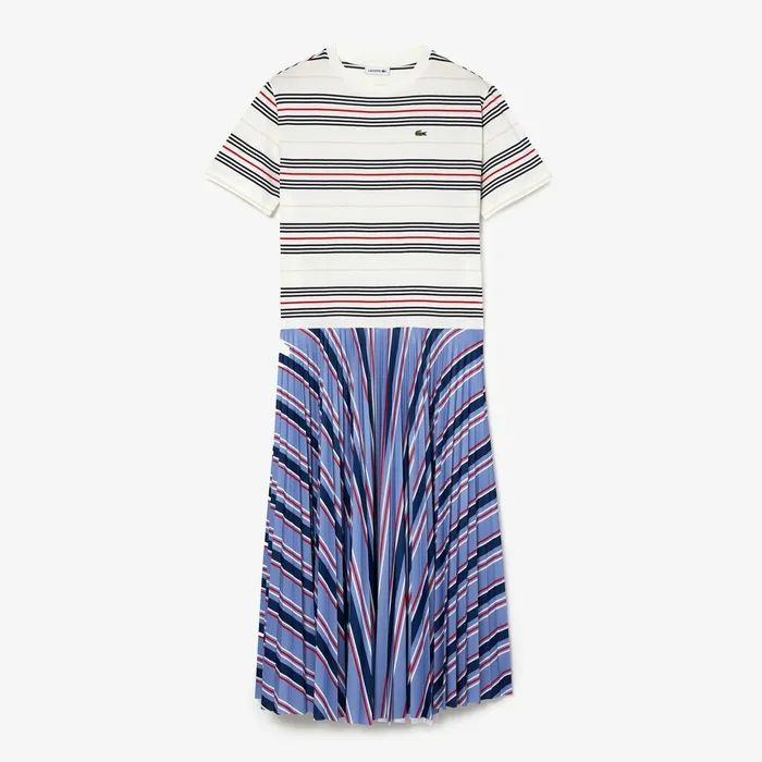 Dissimilar Striped Pleated Jersey Tshirt Dress PurpleNavy BlueWhiteRedLight Pink Womens Lacoste Dresses and Skirts Near Me