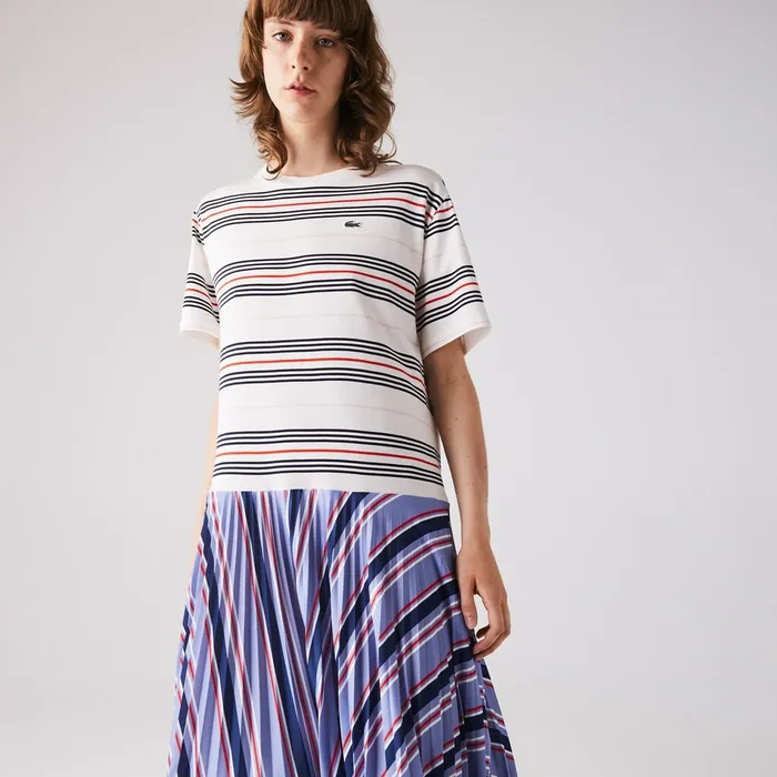 Dissimilar Striped Pleated Jersey Tshirt Dress PurpleNavy BlueWhiteRedLight Pink Womens Lacoste Dresses and Skirts Near Me