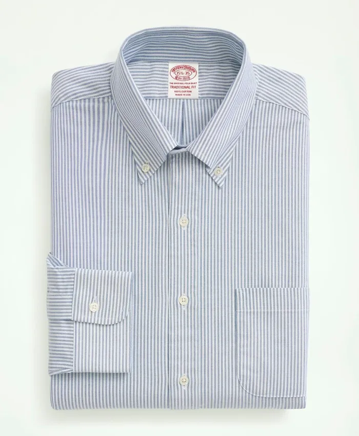 Dress Shirts Men Brooks Brothers AmericanMade Oxford Cloth ButtonDown Stripe Dress Shirt Blue