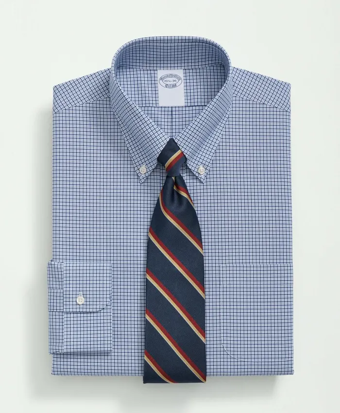 Dress Shirts Men Brooks Brothers Big andamp Tall Stretch Supima Cotton NonIron Poplin Polo ButtonDown Collar Checked Dress Shirt Blue