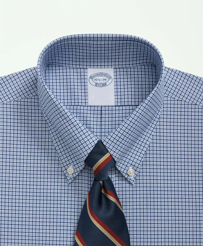 Dress Shirts Men Brooks Brothers Big andamp Tall Stretch Supima Cotton NonIron Poplin Polo ButtonDown Collar Checked Dress Shirt Blue