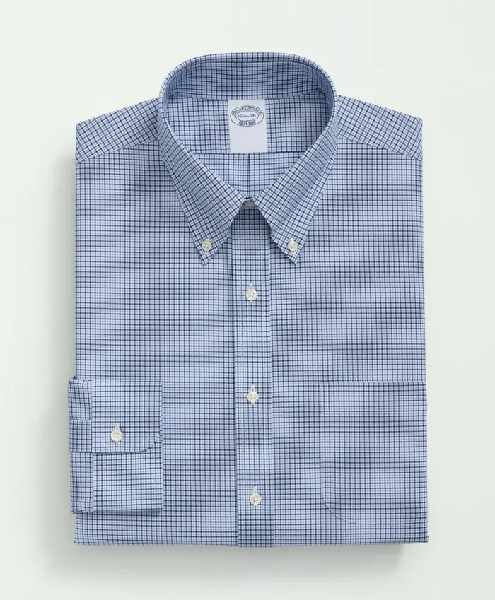 Dress Shirts Men Brooks Brothers Big andamp Tall Stretch Supima Cotton NonIron Poplin Polo ButtonDown Collar Checked Dress Shirt Blue