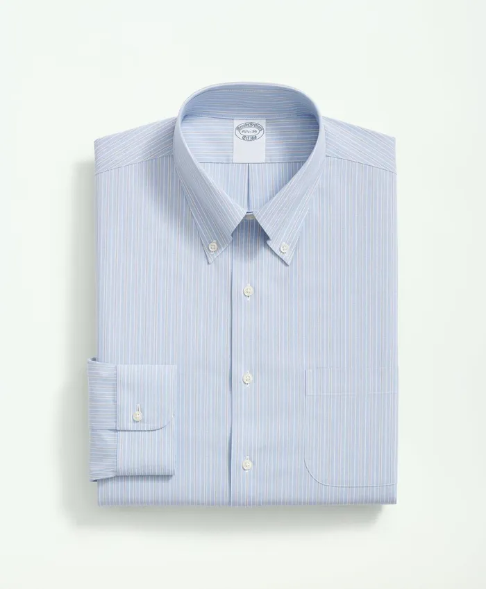 Dress Shirts Men Brooks Brothers Big andamp Tall Stretch Supima Cotton NonIron Poplin Polo ButtonDown Collar Striped Dress Shirt Light Blue