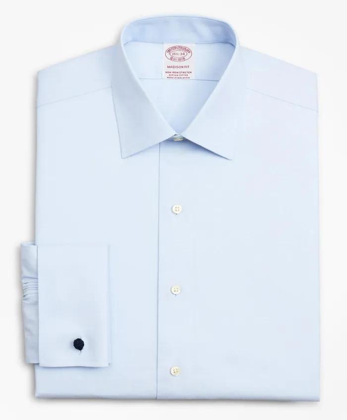 Dress Shirts Men Brooks Brothers Stretch Madison RelaxedFit Dress Shirt NonIron Pinpoint Ainsley Collar French Cuff Light Blue