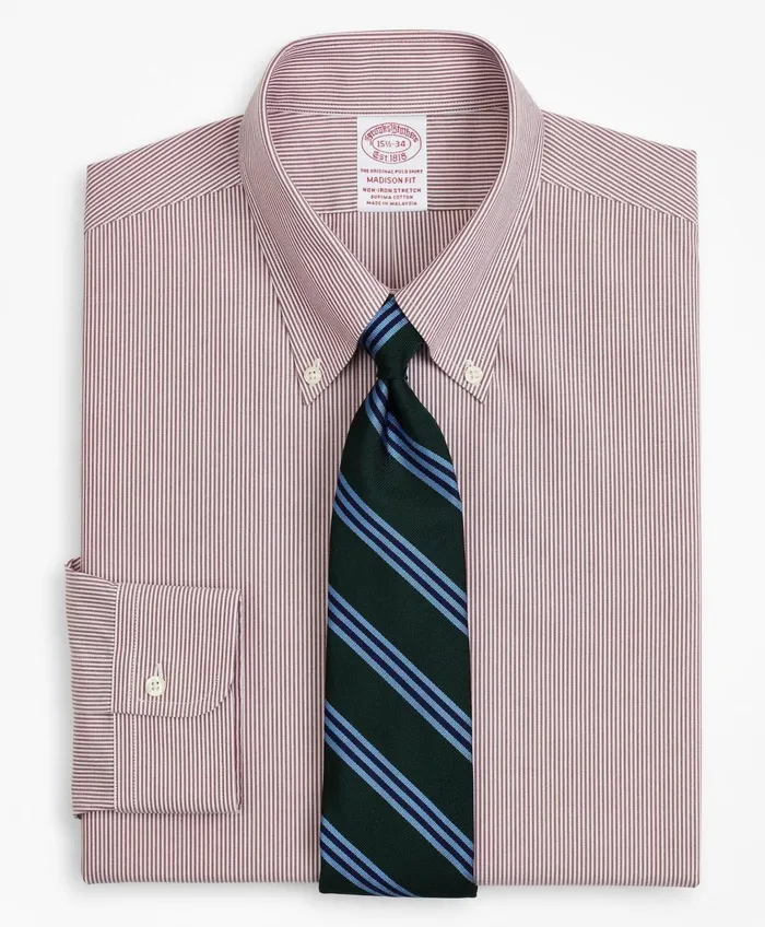 Dress Shirts Men Brooks Brothers Stretch Madison RelaxedFit Dress Shirt NonIron Poplin ButtonDown Collar Fine Stripe Red