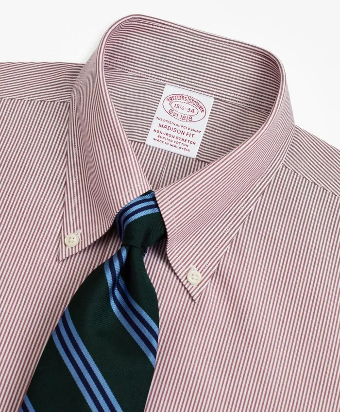 Dress Shirts Men Brooks Brothers Stretch Madison RelaxedFit Dress Shirt NonIron Poplin ButtonDown Collar Fine Stripe Red