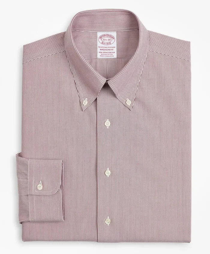 Dress Shirts Men Brooks Brothers Stretch Madison RelaxedFit Dress Shirt NonIron Poplin ButtonDown Collar Fine Stripe Red