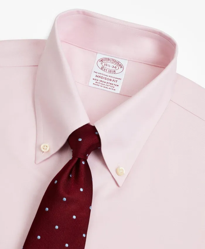 Dress Shirts Men Brooks Brothers Stretch Madison RelaxedFit Dress Shirt NonIron Twill ButtonDown Collar Pink