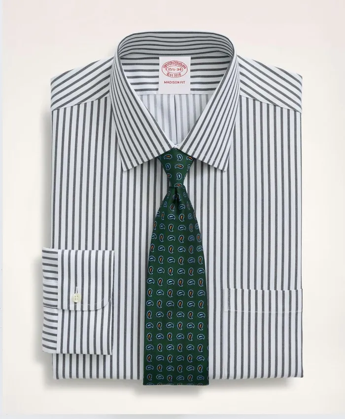 Dress Shirts Men Brooks Brothers Stretch Madison RelaxedFit Dress Shirt NonIron Twill Stripe Ainsley Collar Navy