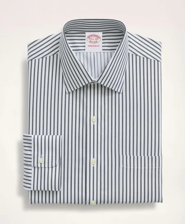 Dress Shirts Men Brooks Brothers Stretch Madison RelaxedFit Dress Shirt NonIron Twill Stripe Ainsley Collar Navy