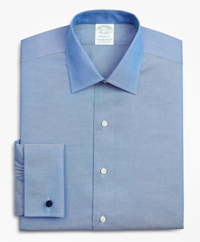 Dress Shirts Men Brooks Brothers Stretch Milano Slim Fit Dress Shirt NonIron Pinpoint Ainsley Collar French Cuff Blue