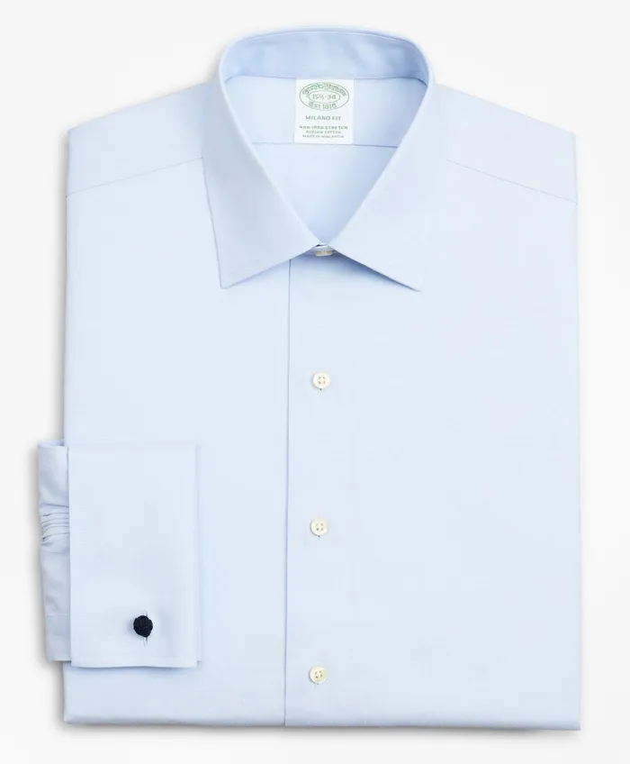 Dress Shirts Men Brooks Brothers Stretch Milano Slim Fit Dress Shirt NonIron Pinpoint Ainsley Collar French Cuff Light Blue