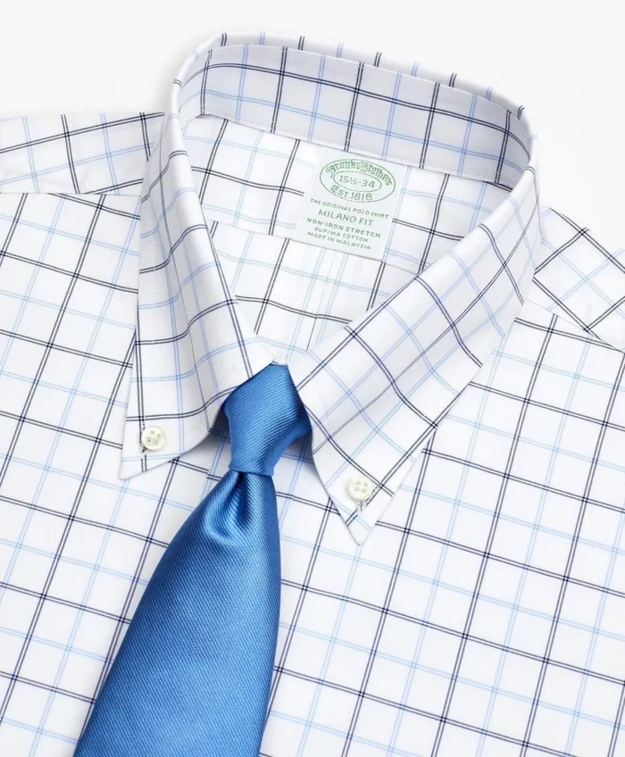 Dress Shirts Men Brooks Brothers Stretch Milano SlimFit Dress Shirt NonIron Poplin ButtonDown Collar DoubleGrid Check Blue