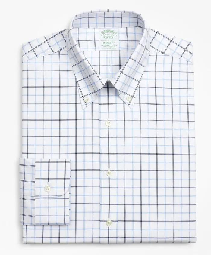Dress Shirts Men Brooks Brothers Stretch Milano SlimFit Dress Shirt NonIron Poplin ButtonDown Collar DoubleGrid Check Blue