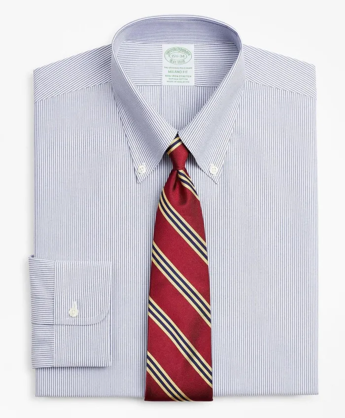 Dress Shirts Men Brooks Brothers Stretch Milano SlimFit Dress Shirt NonIron Poplin ButtonDown Collar Fine Stripe Navy