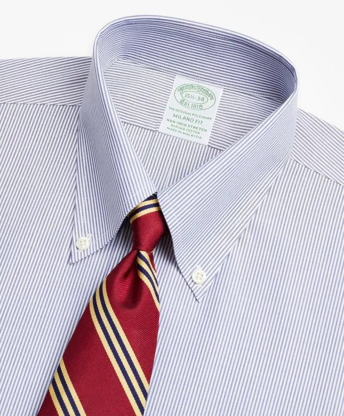 Dress Shirts Men Brooks Brothers Stretch Milano SlimFit Dress Shirt NonIron Poplin ButtonDown Collar Fine Stripe Navy