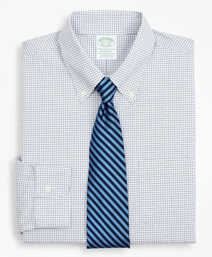 Dress Shirts Men Brooks Brothers Stretch Milano SlimFit Dress Shirt NonIron Poplin ButtonDown Collar Small Grid Check Navy