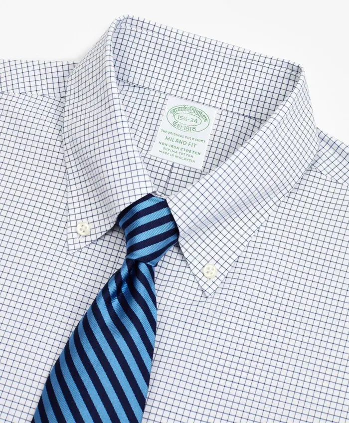 Dress Shirts Men Brooks Brothers Stretch Milano SlimFit Dress Shirt NonIron Poplin ButtonDown Collar Small Grid Check Navy