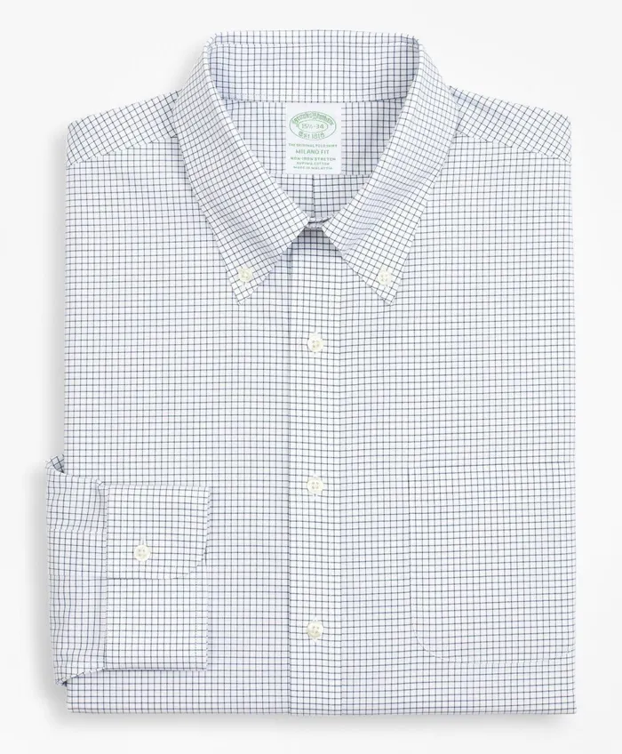 Dress Shirts Men Brooks Brothers Stretch Milano SlimFit Dress Shirt NonIron Poplin ButtonDown Collar Small Grid Check Navy