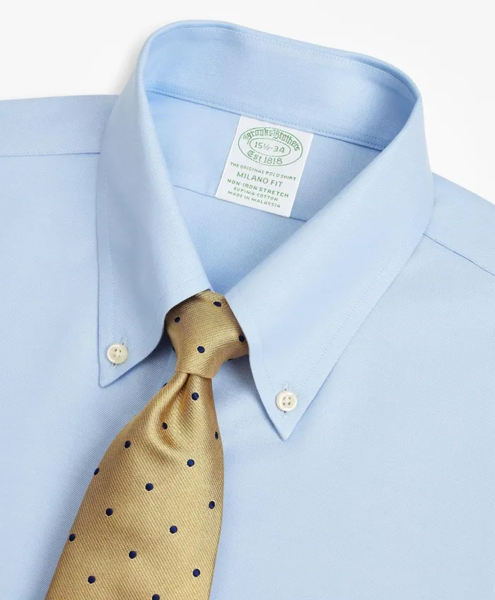 Dress Shirts Men Brooks Brothers Stretch Milano SlimFit Dress Shirt NonIron Twill ButtonDown Collar Light Blue