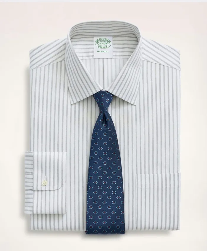 Dress Shirts Men Brooks Brothers Stretch Milano SlimFit Dress Shirt NonIron Twill Stripe Ainsley Collar Grey