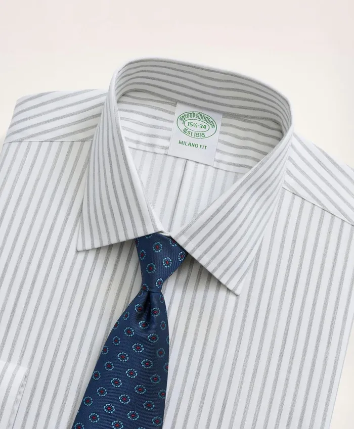 Dress Shirts Men Brooks Brothers Stretch Milano SlimFit Dress Shirt NonIron Twill Stripe Ainsley Collar Grey