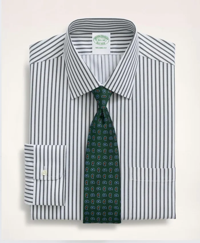 Dress Shirts Men Brooks Brothers Stretch Milano SlimFit Dress Shirt NonIron Twill Stripe Ainsley Collar Navy