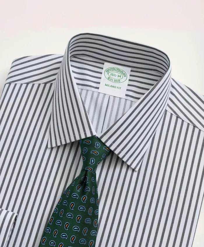 Dress Shirts Men Brooks Brothers Stretch Milano SlimFit Dress Shirt NonIron Twill Stripe Ainsley Collar Navy
