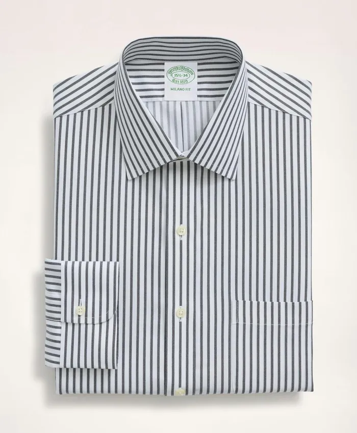 Dress Shirts Men Brooks Brothers Stretch Milano SlimFit Dress Shirt NonIron Twill Stripe Ainsley Collar Navy