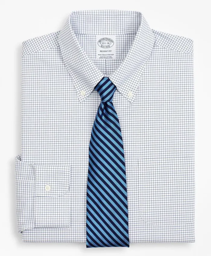 Dress Shirts Men Brooks Brothers Stretch Regent RegularFit Dress Shirt NonIron Poplin ButtonDown Collar Small Grid Check Navy