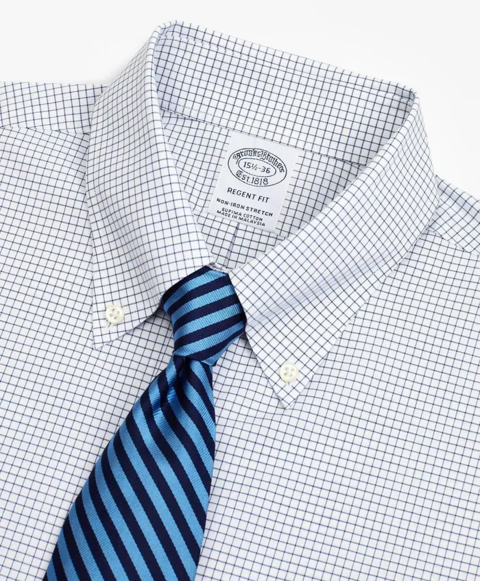 Dress Shirts Men Brooks Brothers Stretch Regent RegularFit Dress Shirt NonIron Poplin ButtonDown Collar Small Grid Check Navy