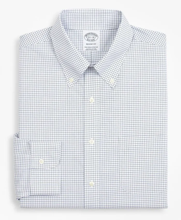 Dress Shirts Men Brooks Brothers Stretch Regent RegularFit Dress Shirt NonIron Poplin ButtonDown Collar Small Grid Check Navy